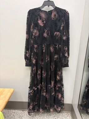 Black and Blush Floral Long-Sleeve Maxi Dress
